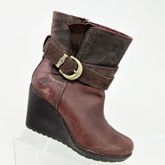 Timberland Women's Burgundy Pull On Wedge Ankle Boots Size 7M with Buckle - Picture 1 of 15